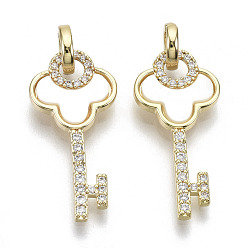 Creamy White Brass Micro Pave Cubic Clear Zirconia Pendants, with Shell, Nickel Free, Key, Real 18K Gold Plated, Creamy White, 23.5x11x1.5mm, Hole: 4mm