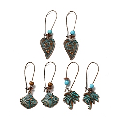 Red Copper & Green Patina 3 Pairs 3 Style Heart & Shell & Coconut Tree Alloy Dangle Earrings Set, Wood & Resin Beaded Long Drop Earrings for Women, Red Copper & Green Patina, 50~56mm, Pin: 0.7~0.8mm, 1 Pair/style