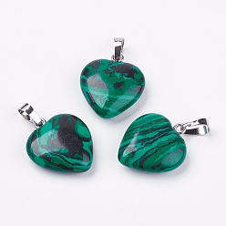 Малахит Синтетического малахита подвески, сердце, с латунной фурнитурой , платина, 22~23x19.5~20.5x6~7.5 мм, отверстие : 5x7~8 мм