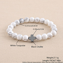 Говлит Браслеты из синтетического хаулита с круглыми бусинами для мужчин и женщин, крестик, с синтетической немагнитной гематитовой бусиной, внутренний диаметр: 7-1/2 дюйм (19 см)