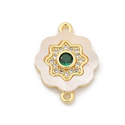 Цветок Подвески-коннекторы из латуни с микропаве из прозрачного кубического циркония и ракушки, с зеленым стеклом, реальный 18 k позолоченный, цветок, 17.5x13x2.5 мм, отверстие : 1.2 мм