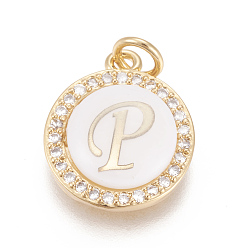 Letter P Латунные микро проложить кубического циркония подвески, с оболочкой, долговечный, без свинца, без кадмии и без никеля, реальный 18 k позолоченный, плоские круглые с буквы, прозрачные, letter.p, 16x13.5x3 мм, отверстие : 3 мм