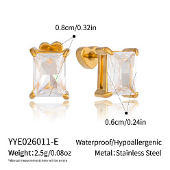Rectangle 304 Stainless Steel Pave Cubic Zirconia Stud Earrings for Women, Golden, Rectangle, 8x6mm