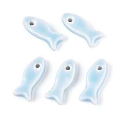 Светло-Голубой Ручной фарфоровые керамические шарики, рыба, яркие глазированный фарфор, Небесно-голубой, 24~25x10x6 мм, отверстие : 2 мм