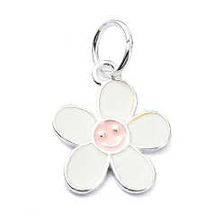 Pink 925 Подвески с цветами и улыбающимся лицом из стерлингового серебра с эмалью, с прыгающими кольцами и 925 штампом, серебряный цвет гальваническим, розовые, 14.5x12x1 мм, отверстие : 4 мм