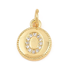 Letter O Breloques en laiton zircon cubique transparent, rond plat avec breloques en forme de lettre, plaqué longue durée, sans plomb et sans cadmium, crémaillère plaquage, réel 18 k plaqué or, lettre o, 12.5x10x1.5mm, Trou: 3mm