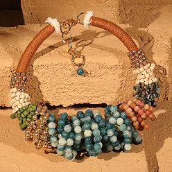 Стально-синий Ожерелья-нагрудники в богемном стиле с круглыми драгоценными камнями, стеклом, деревом и пластиком CCB, с алюминиевыми торцевыми цепей, золотые, стальной синий, 17.32~20.08 дюйм (44~51 см)