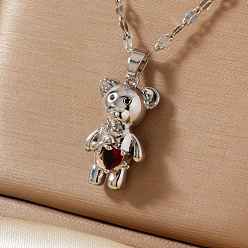 Красный Милые кулоны-медведи из латуни с кубическими цирконами и паве для женщин, платина, красные, 15.75 дюйм (40 см)