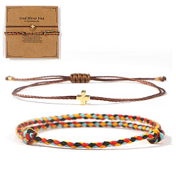 (52) Непрозрачная лаванда 2комплект регулируемых браслетов, Латунный крестик-подвеска и украшения из плетеного хлопка и полиэстера для пары., с открытки, разноцветные, 11.02 дюйм (28 см)