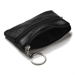 Black PU Leather Wallets with Alloy Zipper, Rectangle with Iron Ring, Black, 8x12x1cm