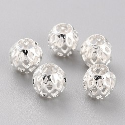 Посеребрённый Долговечные полые латунные бусины с покрытием, филигранные бусы, круглые, 925 серебро покрытием, 6.5x6 мм, отверстие : 3 мм