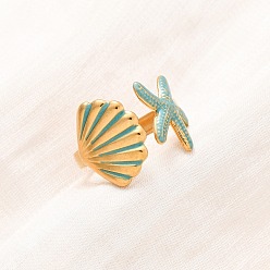 Shell Shape 304 из нержавеющей стали манжеты кольца, с эмалью, золотые, формы раковины, размер США 7 1/4 (17.5 мм)