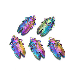 Rainbow Color Ионное покрытие (ip) 201 подвески из нержавеющей стали, цикада, Радуга цветов, 29.5x15.5x3 мм, отверстие : 2.5 мм