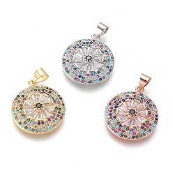 Разноцветный Латунные микро проложить кубического циркония подвески, плоско-круглые, разноцветные, красочный, 21x18.5x4 мм, отверстие : 5x3.5 мм