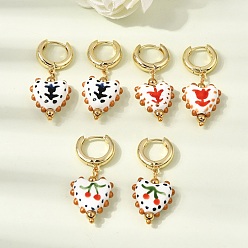 Couleur Mélangete Boucles d'oreilles créoles en laiton, coeur avec motif de fleurs, avec porcelaine, sans plomb et sans cadmium, crémaillère plaquage, plaqué longue durée, réel 18 k plaqué or, couleur mixte, 40~41x17mm