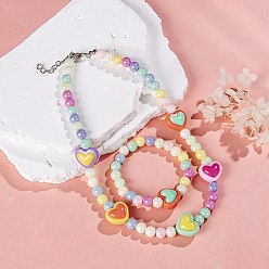 Heart Rainbow Color Resin Beaded Stretch Bracelets & Necklaces for Kids, Heart, Necklace: 14.96 inch(38cm), Bracelet: 1.77~1.97 inch(4.5~5cm), 2pcs/set