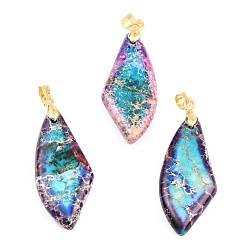 Темная Орхидея Кулоны из натуральной императорской яшмы, с золотыми латунными петлями, ромб, окрашенные, темные орхидеи, 40.8x15.1x5.8 мм, отверстие : 5x4 мм