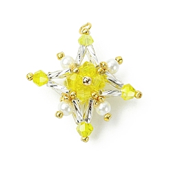 Желтый Подвески из стеклянного бисера тетраптера, с соединительным кольцом и стеклянными жемчужными круглыми бусинами, желтые, 31x31x13 мм, отверстие : 2.5 мм