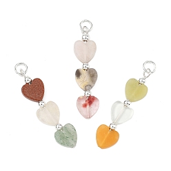Серебро Природные и синтетические смешанные подвески драгоценных камней, Подвески в форме сердца из бисера с латунными соединительными кольцами, смешанные окрашенные и неокрашенные, серебряные, 34.5x8.5x2.5 мм, отверстие : 2.5 мм