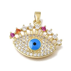 Colorido Colgantes de latón con circonitas cúbicas microengaste y esmalte azul., amuletos mal de ojo, chapado en rack, larga duración plateado, sin plomo y cadmio, dorado, colorido, 17.5x22.5x4 mm, agujero: 5x2 mm