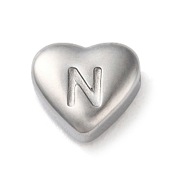 Letter N 201 Stainless Steel Beads, Stainless Steel Color, Heart, Letter N, 7x8x3.5mm, Hole: 1.5mm