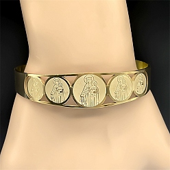 Золотой Религия 201 браслеты-манжеты из нержавеющей стали для женщин, плоские круглые с Девой Марией, золотые, внутренний диаметр: 2x2-3/8 дюйм (5.05x6.05 см)