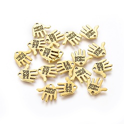 Antique Golden Tibetan Style Alloy Charms, Cadmium Free & Nickel Free & Lead Free, Hand Palm with Word Hand Made, Antique Golden, 12.5x13x1mm, Hole: 1mm