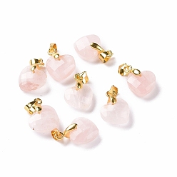 Розовый Кварц Природного розового кварца подвески, с застежкой из латуни золотистого цвета, ограненные сердце прелести, 11x12x5 мм, отверстие : 4.5x3.5 мм