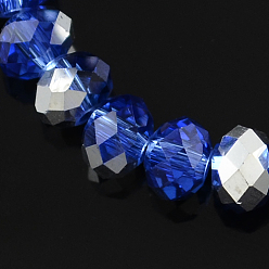 Blue Electroplate Glass Bead Strands, Half Silver Plated, Faceted, Rondelle, Blue, 8x6mm, Hole: 1mm, about 68~70pcs/strand, 17.3 inch