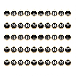 Letter H Подвески из позолоченного сплава, с эмалью, эмалированные блестки, плоско-круглые, чёрные, letter.h, 14x12x2 мм, отверстие : 1.5 мм, 50 шт / коробка