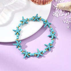 Turquoise Foncé Bracelets extensibles en perles de turquoise synthétique et laiton pour femmes et hommes, étoiles de mer, teint, turquoise foncé, diamètre intérieur: 2.20 pouce (5.6 cm)