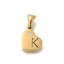 Letter K 304 подвески в форме сердца из нержавеющей стали со стразами, золотые, Письмо K, 11x13x2.5 мм, отверстие : 5x3 мм