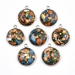 Сэнди Коричневый Плоские круглые собранные подвески из синтетической бирюзы и натурального регалита / императорской яшмы, с железной петлей и латунным краем, золотой свет, окрашенные, песчаный коричневый, 25~26x21~22x7~8 мм, отверстие : 2 мм