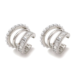 Платина Серьги-каффы из латуни с покрытием стойки, прозрачные циркониевые серьги для женщин, с abs имитационными жемчужными бусинами , без кадмия и без свинца, долговечный, платина, 3 мм