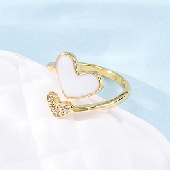 Белый Латунные кольца-манжеты с микропаве и прозрачным цирконием для женщин, сердце, с эмалью, стойки покрытие, без кадмия и без свинца, долговечный, реальный 18 k позолоченный, белые, внутренний диаметр: 17 мм