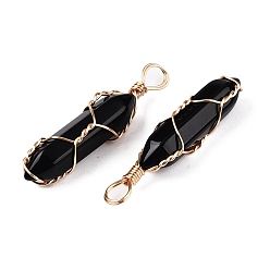 Черный Подвески lampwork, формы пуль, обмотанных медной проволокой, граненые, золотые, чёрные, 43x10.5x11.5 мм, отверстие : 4~5x5.5 мм