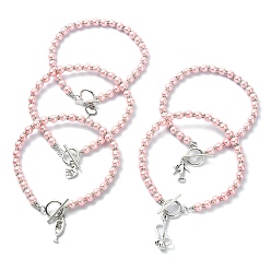 Pink Tibetan Style Alloy Charm Bracelet, with Glass Pearl Round Beaded Chains, Mixed Shape, Pink, 9-5/8 inch(24.5cm)