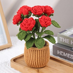 Red DIY Rose Planter Display Decoration Knitting Kits for Beginners, Include Cotton Filler, Crochet Hooks, Polyester Yarn, Craft Eye, Crochet Needle, Stitch Markers, Instrction, Red, 18x22cm