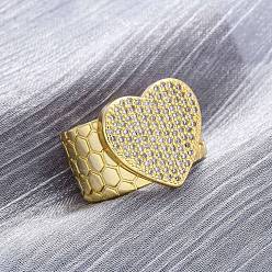 Сердце Латунные кольца-манжеты с микропаве и прозрачным цирконием для женщин, долговечный, без свинца и без кадмия, реальный 18 k позолоченный, сердце, 17x17 мм