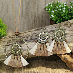 Плоский Круглый Ожерелье с подвеской в виде кисточки из сплава и дерева и серьги-подвески, античная бронза, плоско-круглые, 800 мм и 80x55 мм