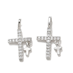Platinum Brass Micro Pave Clear Cubic Zirconia with Glass Pendants, Cross Charms, Rack Plating, Long-Lasting Plated, Cadmium Free & Lead Free, Platinum, 21x11x1.5mm, Hole: 2x4mm