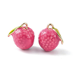 Темно-Розовый Латунь эмаль прелести, имитация фруктов, золотой свет, личи очарование, темно-розовыми, 11.5x10x9 мм, отверстие : 1.2 мм