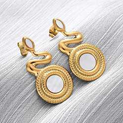 Настоящее золото 18K 304 серьги-гвоздики из натуральной белой ракушки из нержавеющей стали, змея, ионное покрытие (ip), реальный 18 k позолоченный, 34x17.5 мм