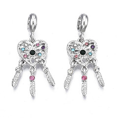 Platinum Rack Plating Alloy European Dangle Charms, with Colorful Rhinestone, Large Hole Pendants, Cadmium Free & Nickel Free & Lead Free, Woven Net/Web with Feather, Platinum, 36.5mm, Hole: 5mm, Feather: 12.5x2.5x3.5mm