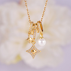 Золотой Ожерелья с подвесками из латунных прозрачных кубических цирконий с микропаве и искусственным жемчугом для женщин, белые, золотые, 17.72 дюйм (45 см)