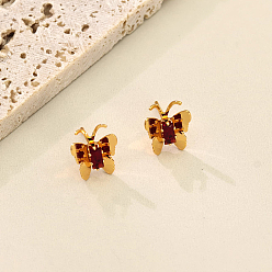 Красный Серьги-гвоздики в форме бабочек из латуни с кубическим цирконием, реальный 18 k позолоченный, красные, 15x10 мм