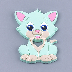 Aquamarin Umweltfreundliche Silikonkätzchen-Cabochons in Lebensmittelqualität, Comic-Katze, Aquamarin, 90~91x64x9.5 mm