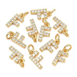 Letter F Colgantes Shegrace de latón con microengaste de circonitas cúbicas transparentes, sin níquel, real 18 k chapado en oro, amuletos de la letra f, 12x6x2.5 mm, anillo de salto: 5x1 mm, diámetro interior: 3 mm