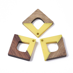 Yellow Resin & Walnut Wood Pendants, Rhombus, Yellow, 27x27x4mm, Hole: 2mm