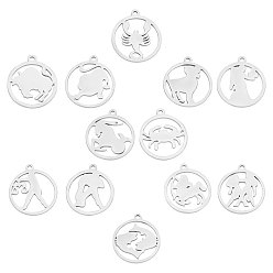 Constellation 12Pcs 201 Stainless Steel Pendants, Flat Round with 12 Constellation, 12 Constellations, 20.5x18x1mm, Hole: 1.5mm, 1pc/constellation